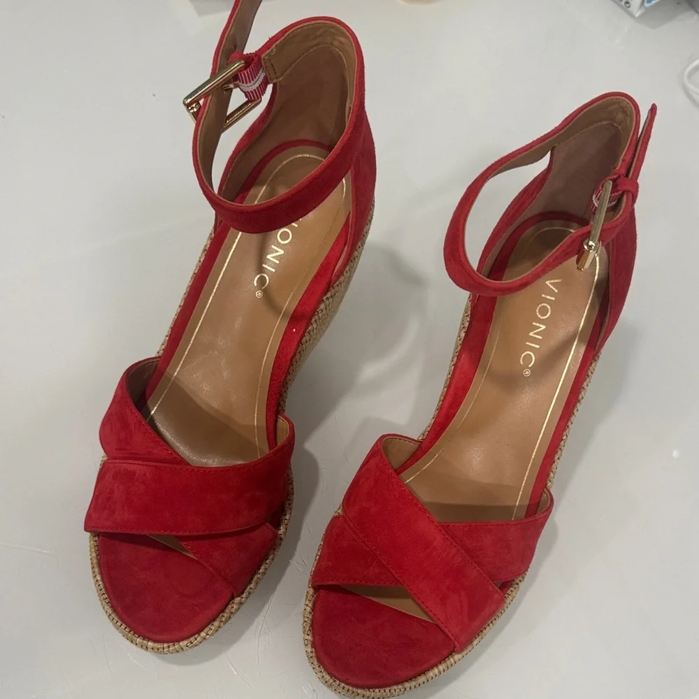 Vionic Red Suede Ankle-Strap Wedge Sandals - Picture 1 of 8